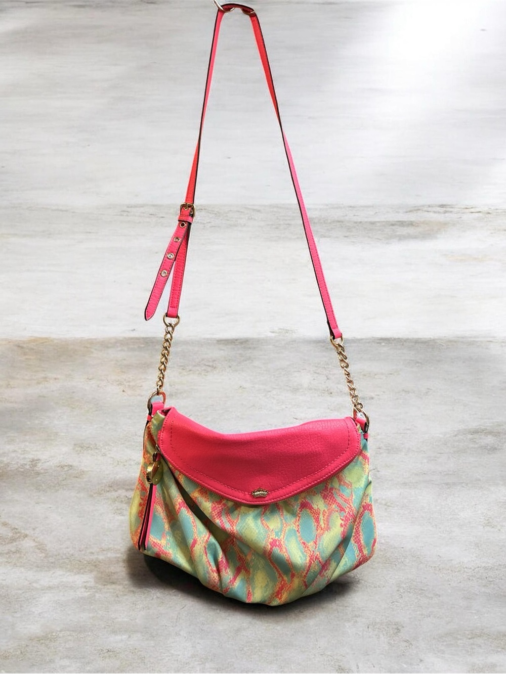 Vintage Juicy Couture-Neon Pink Multicolor Shoulder Bag with Gold Chain Strap